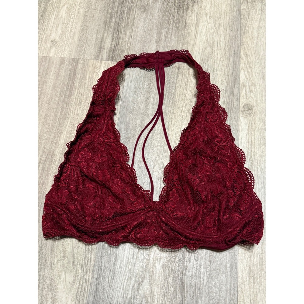 Daytrip Womens Burgundy Floral Lace Halter Strappy Back Bralette Dark Red L‎